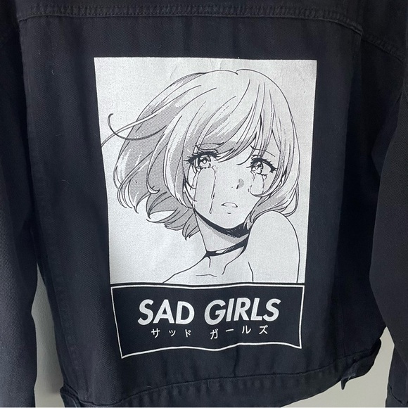 Animebae Collection Sad Girls Art Denim Jean Jacket Black Size Large Unisex - Picture 7 of 9